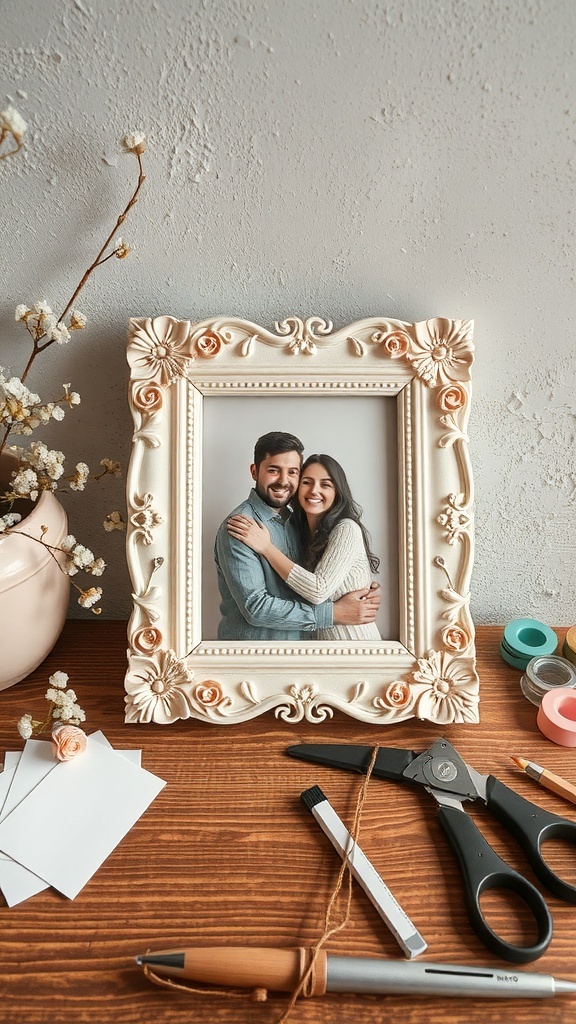 A personalized photo frame with a couple's picture, surrounded by crafting supplies.