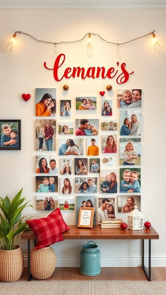 A cozy personalized photo wall decorated with lights and hearts, showcasing various family and couple photos.