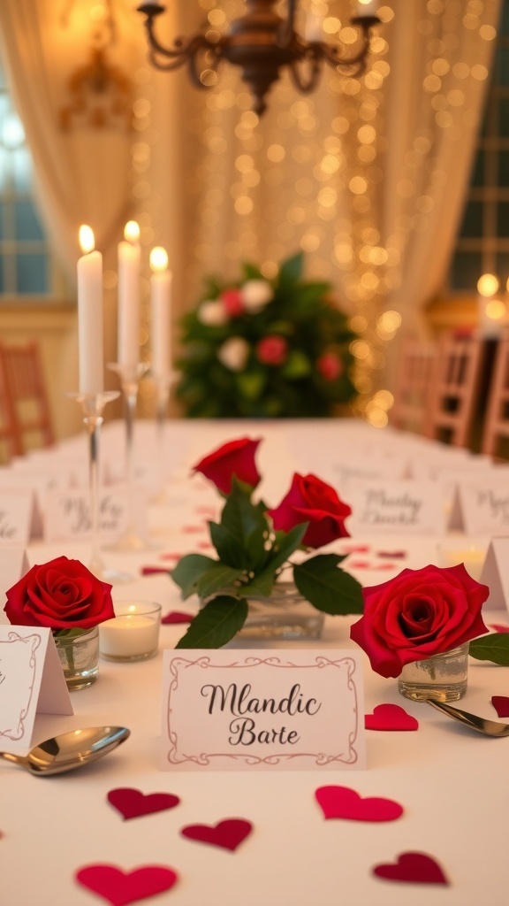 A beautifully set table for Valentine's Day featuring personalized place cards, red roses, and heart-shaped confetti.