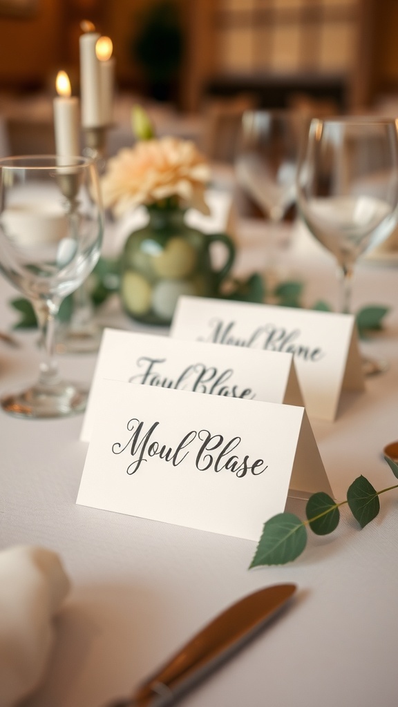 Elegant table setting with personalized place cards for Valentine's Day