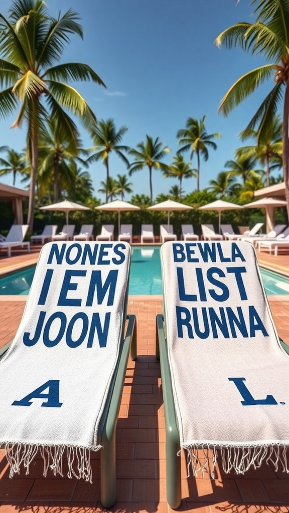 Two personalized pool towels on lounge chairs by a swimming pool