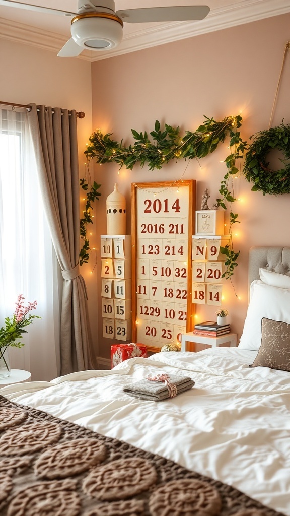 A cozy bedroom with a Ramadan countdown calendar decorated with lights and greenery.