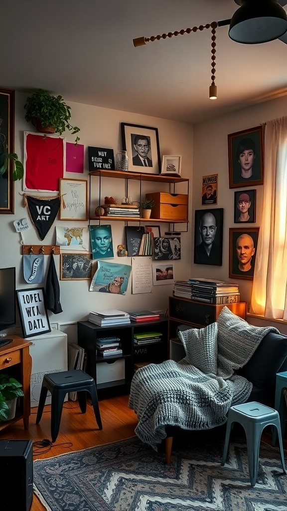 A cozy corner of a grunge apartment featuring eclectic wall art, framed photos, and a comfortable chair with a knitted blanket.