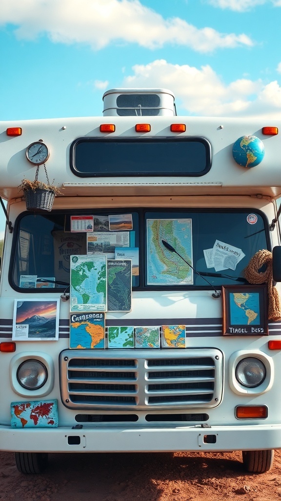 An RV decorated with maps and travel mementos, showcasing a personal touch.