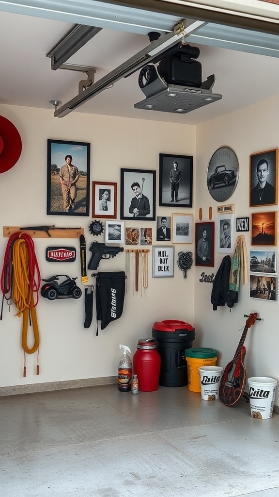 A small garage with personalized wall art including framed photos and various decorations.