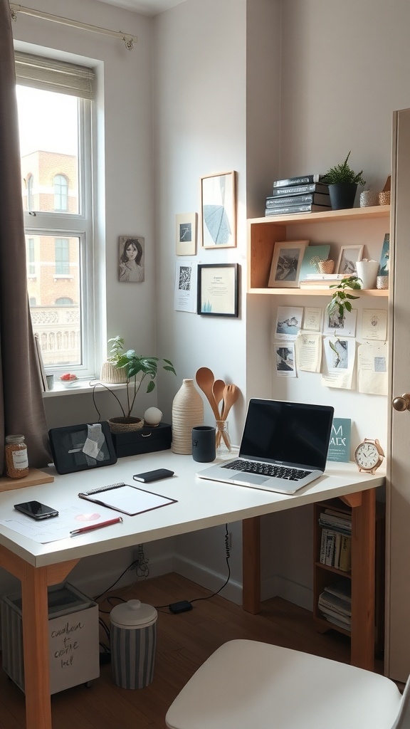 A cozy workspace corner with a desk, laptop, notebooks, and decorative items.