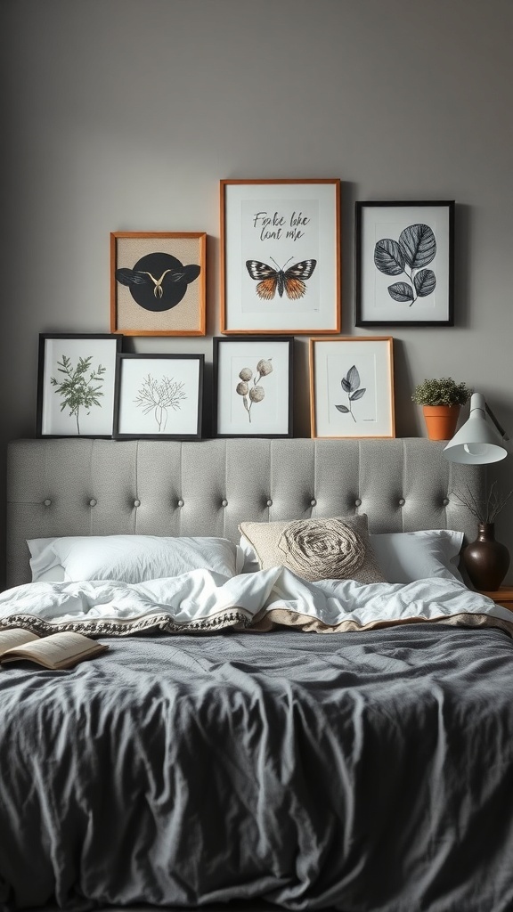 A cozy bedroom featuring a grey tufted headboard with framed art above it, showcasing nature-themed designs and a potted plant.