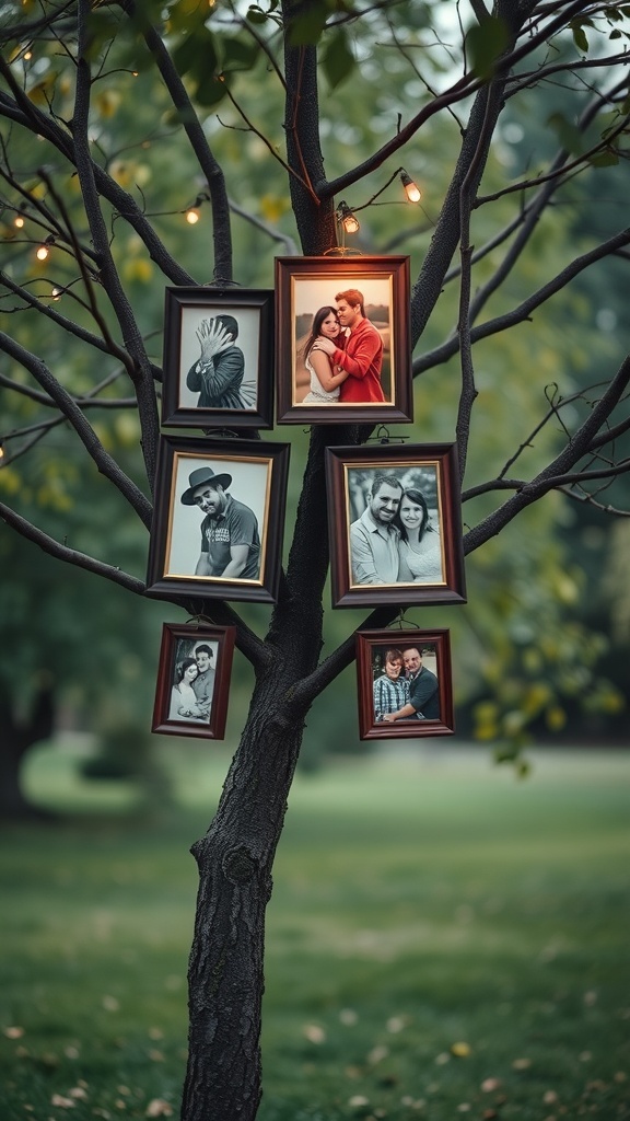 A tree with framed photos hanging from its branches, illuminated by soft lights.