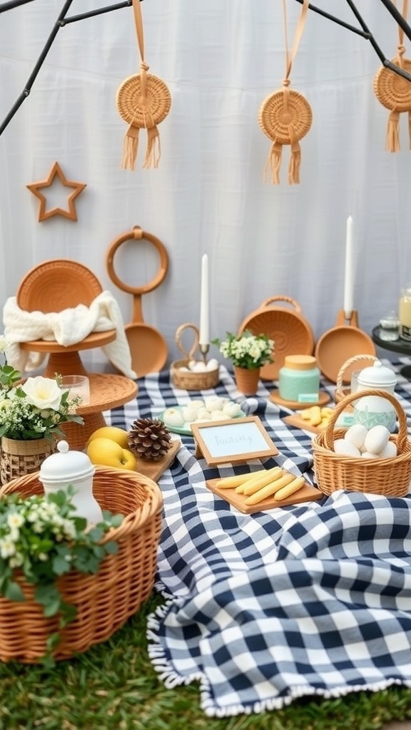 A beautifully arranged picnic setup for a baby shower, featuring a checkered blanket, baskets of snacks, and floral decorations.