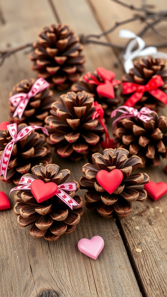Pine cones decorated with hearts and ribbons for Valentine's Day