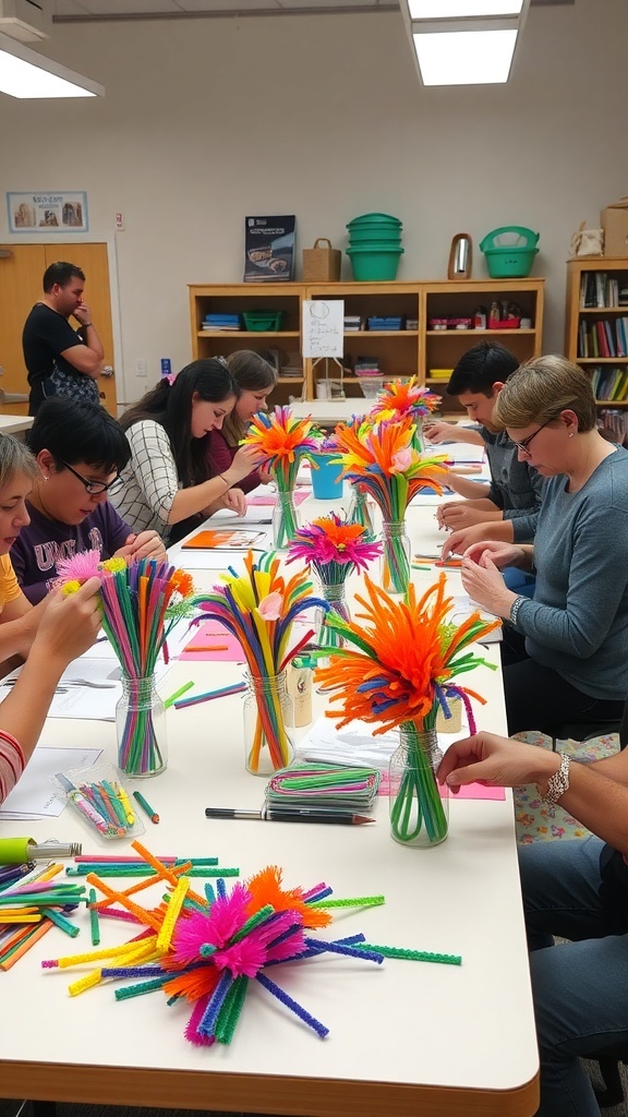 A group of people participating in a pipe cleaner bouquet workshop, creating colorful flower arrangements.