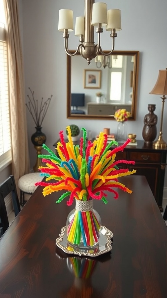 A colorful bouquet made of pipe cleaners in a glass vase on a wooden table.