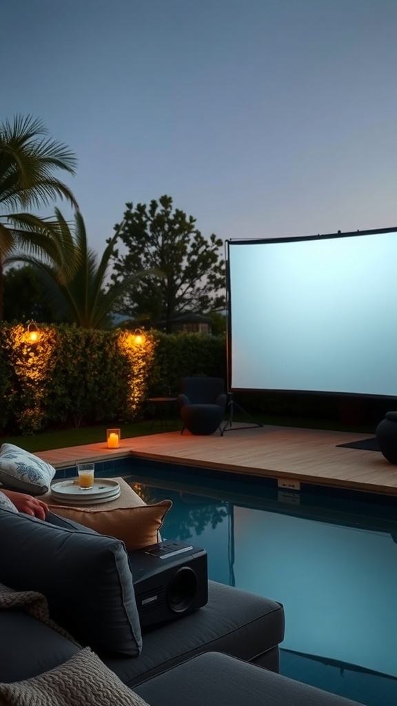 Cozy poolside setup for a movie night with projector and cushions.