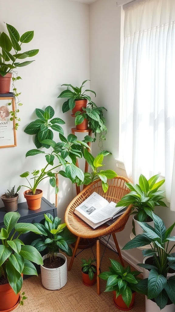 A cozy corner with various plants and a wicker chair, perfect for relaxation.