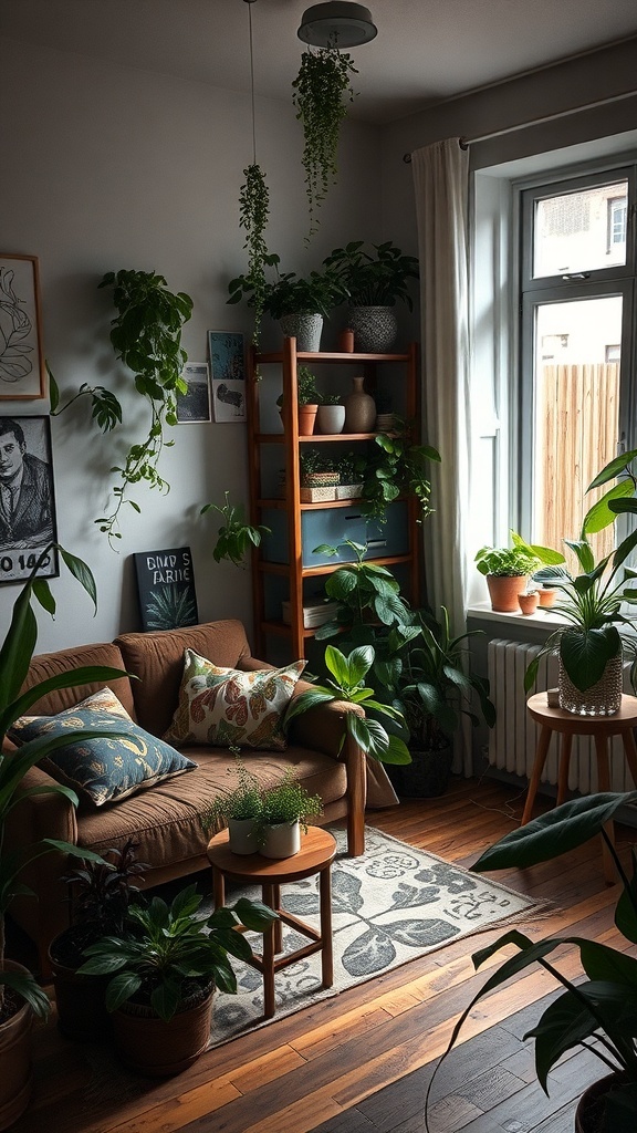 A cozy apartment corner filled with various plants, a brown couch, and wooden furniture.