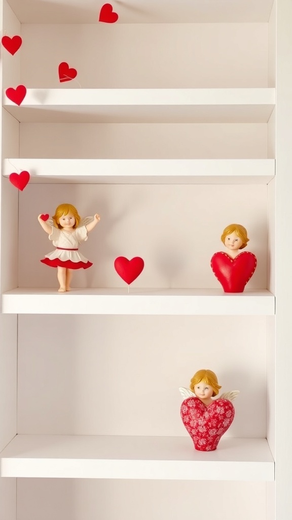 A display of playful Cupid figurines on white shelves with red hearts.