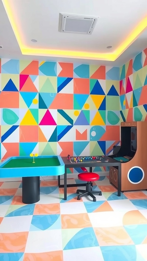 A colorful room with geometric patterns on the walls and floor, featuring a green table, red chair, and an arcade game console.