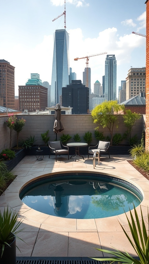 A small plunge pool surrounded by plants and seating in an urban setting.