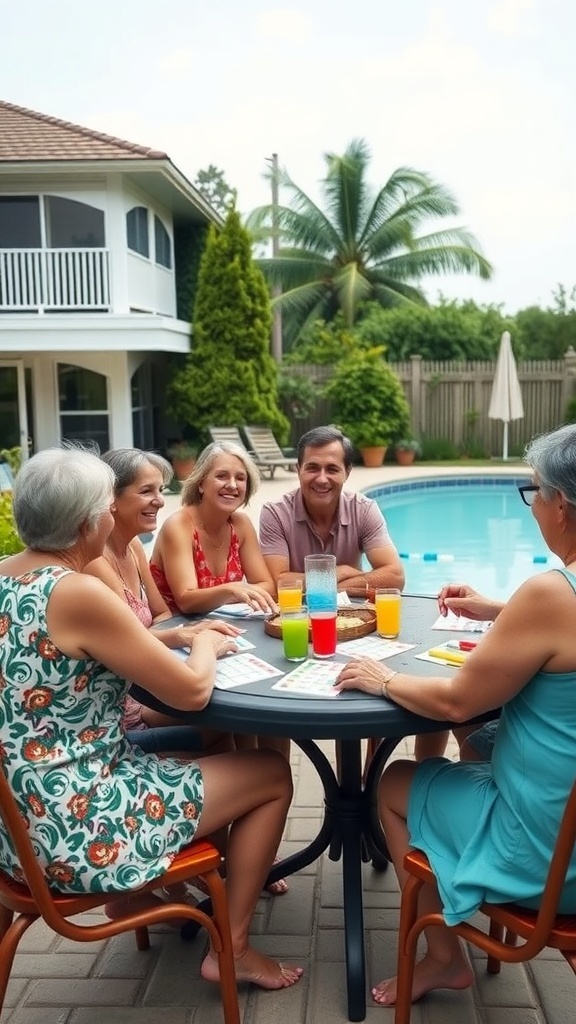 A group of six people playing bingo by the pool, enjoying colorful drinks and laughter.