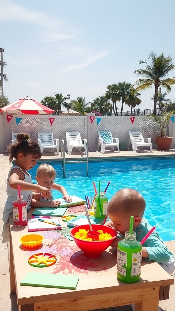 Children engaged in crafts by the pool, with colorful supplies and a sunny atmosphere.