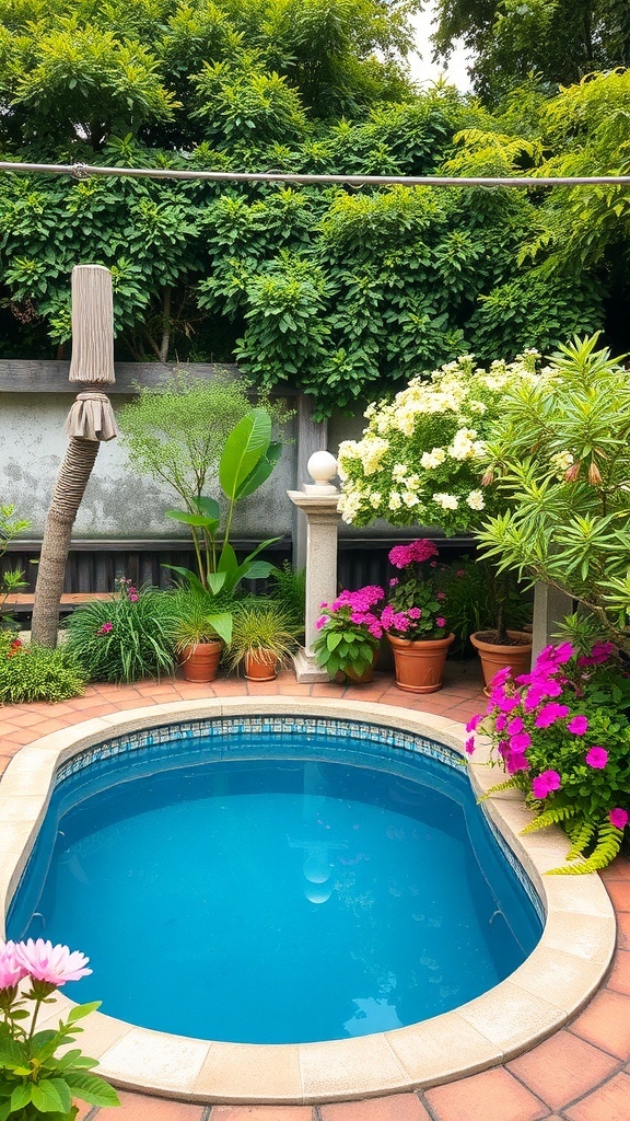 A small backyard pool surrounded by colorful flowers and greenery.