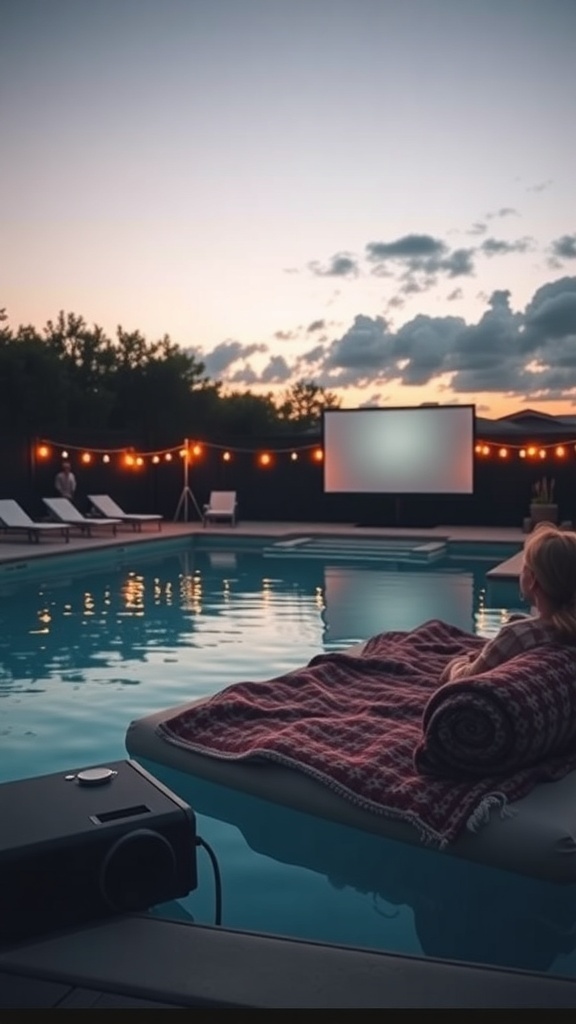 A cozy poolside movie night setup with a projector, screen, and comfortable seating.