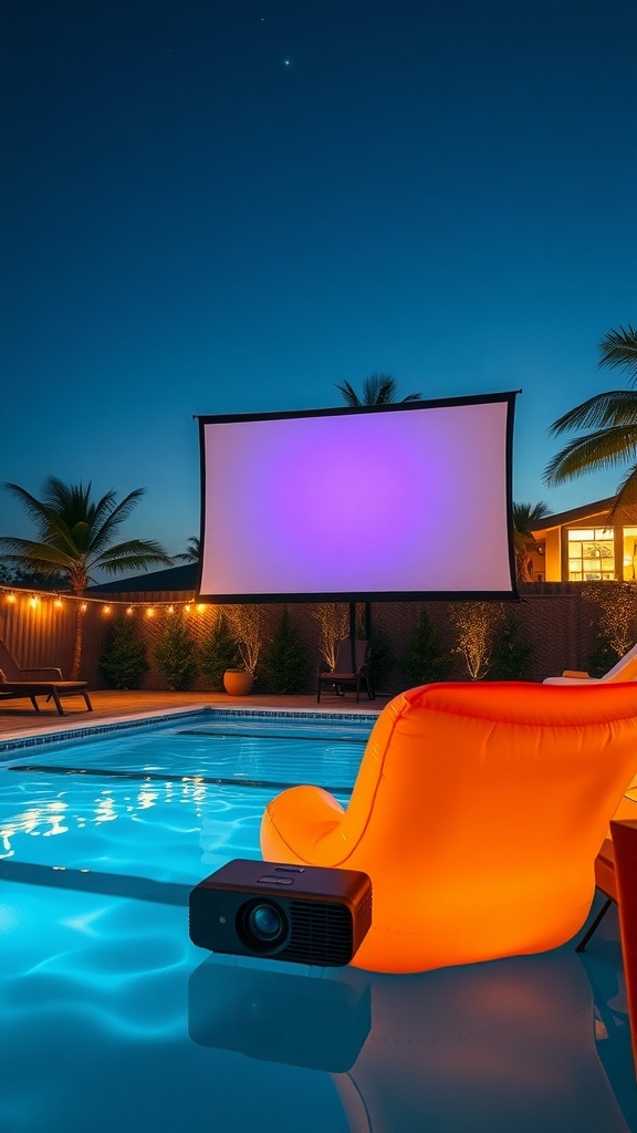A poolside movie setup with a projector, screen, and an orange chair at night.