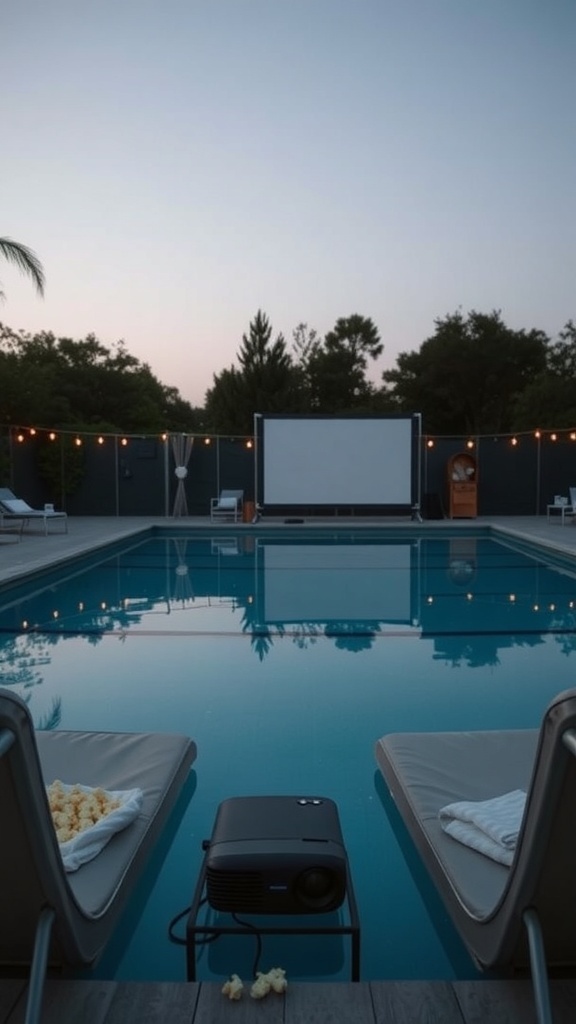 A poolside movie setup with a projector, screen, and lounge chairs by the water.