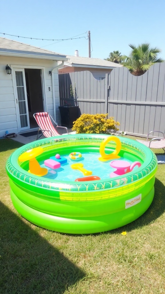 A colorful inflatable pool in a backyard with a chair and plants.