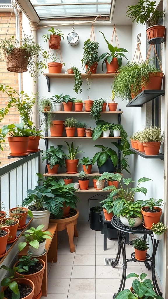 A small balcony decorated with various potted plants on shelves and tables.