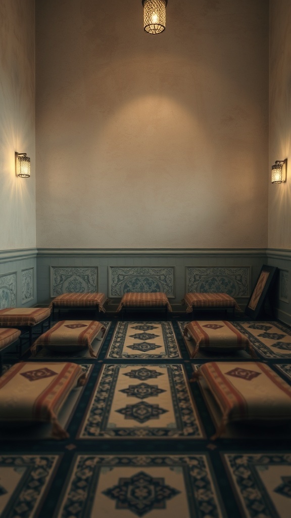 A serene prayer nook with cushions and soft lighting, perfect for Ramadan reflection.