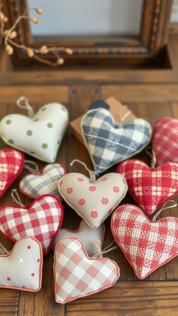 A collection of primitive fabric hearts in various patterns and colors.