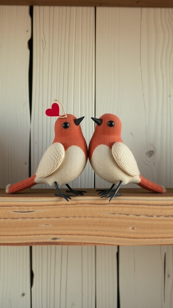 Two primitive love bird figurines with a heart above one, sitting on a wooden shelf.