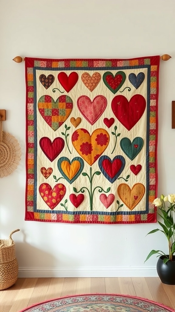 A colorful primitive quilted wall hanging featuring various heart designs.