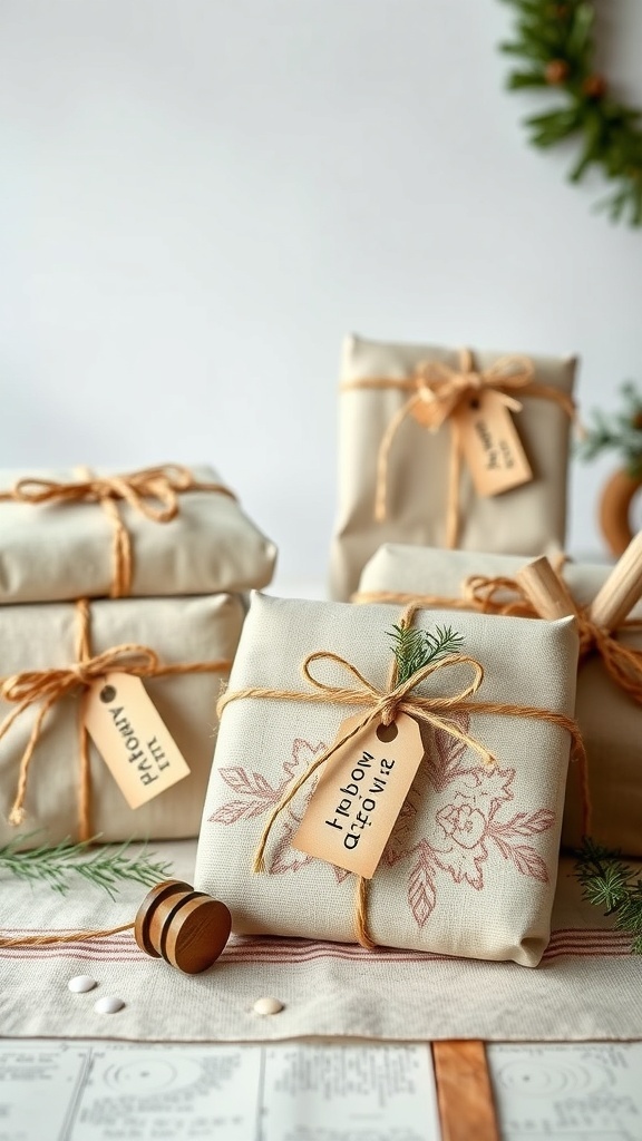 Rustic gift wrap for Valentine's Day featuring natural twine and floral designs