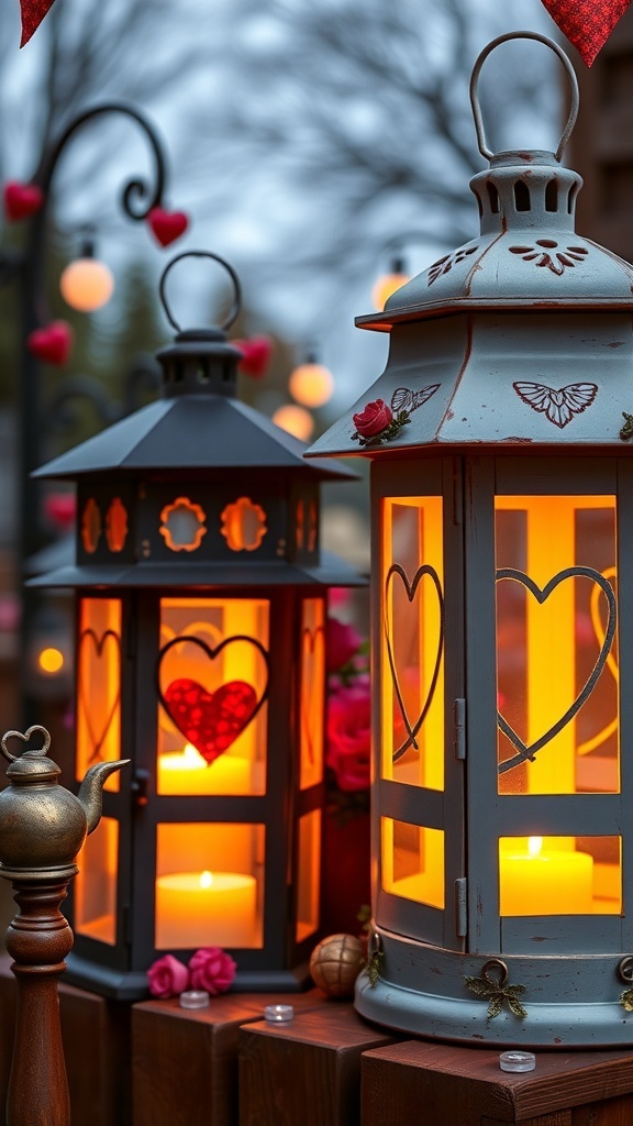Two charming farmhouse lanterns with heart designs, glowing warmly, surrounded by pink roses.