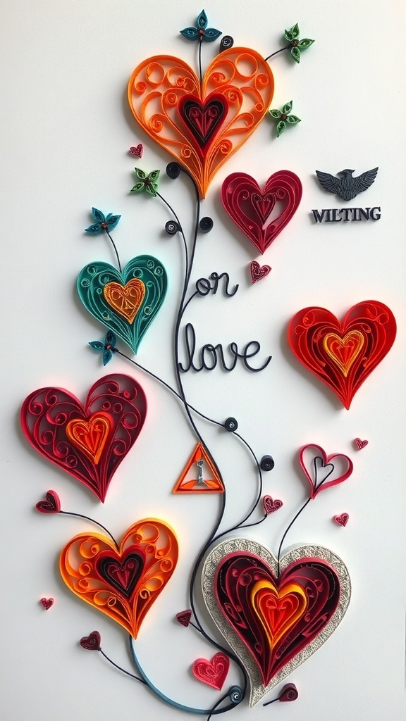 Colorful quilled heart art with various heart shapes and the phrase 'on love'