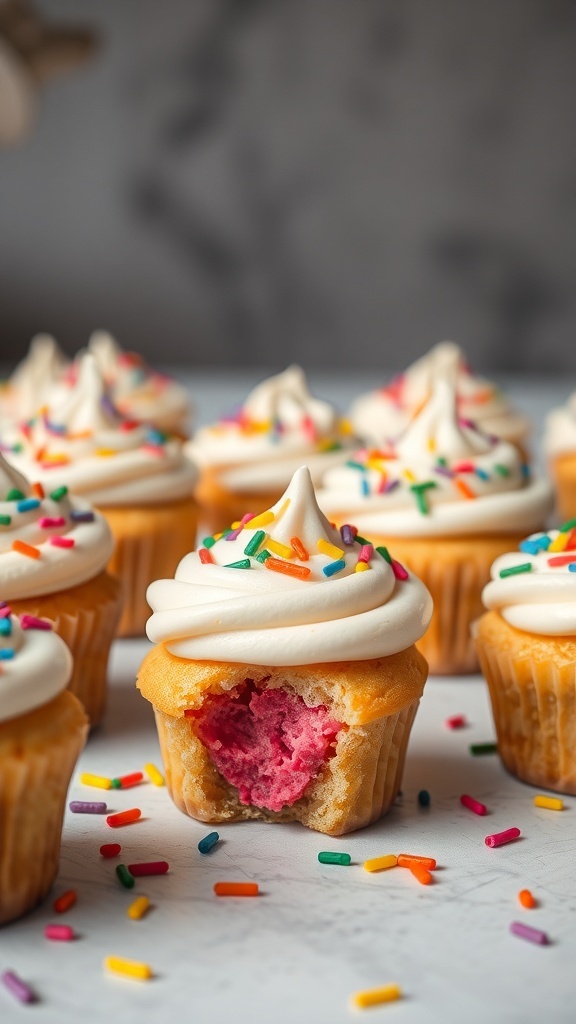 Cupcakes with rainbow sprinkles and a pink filling inside.