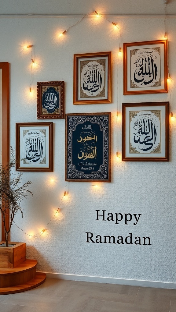 Ramadan-themed wall art with calligraphy and fairy lights.
