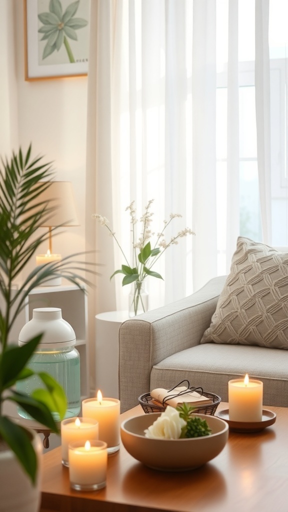 A cozy summer room with candles, plants, and soft furnishings.