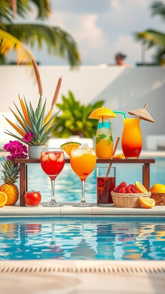 A vibrant drink station with colorful cocktails and fruits by a pool.