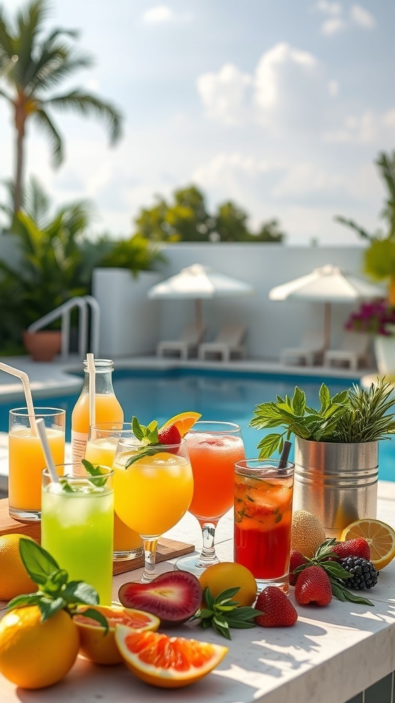 A vibrant mocktail station with colorful drinks and fresh fruits by a pool.