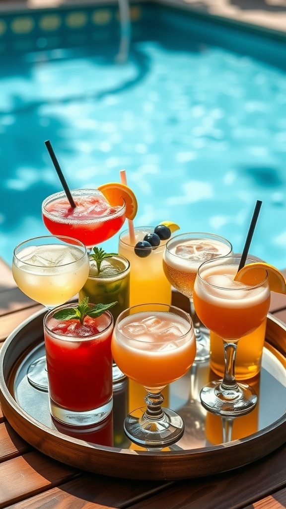 A variety of colorful drinks on a tray by a swimming pool.