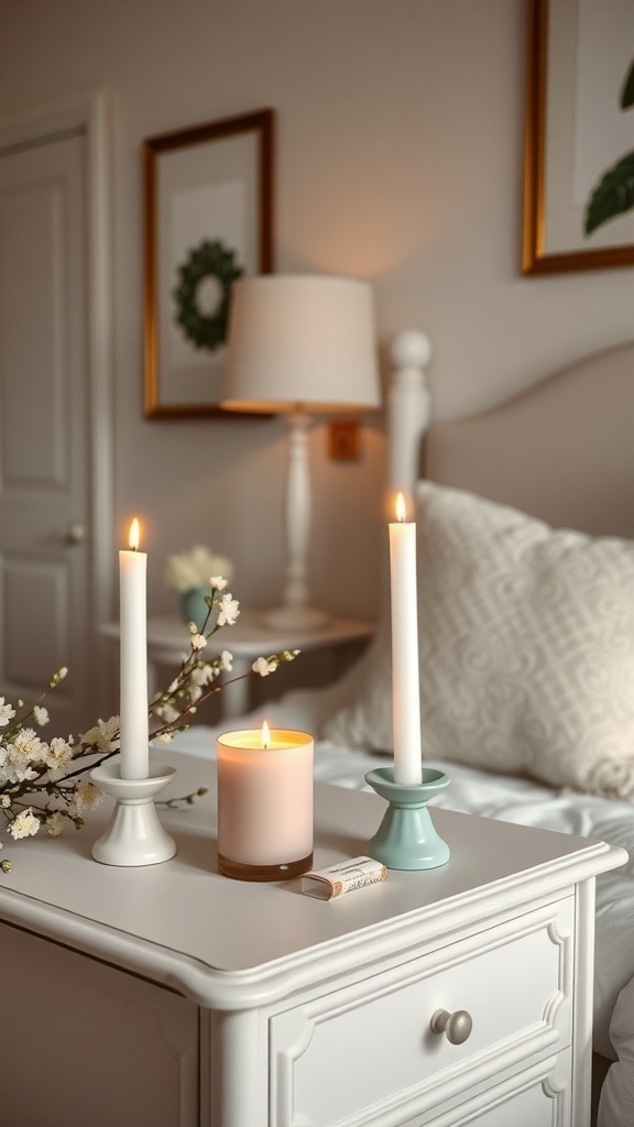 A cozy bedroom scene featuring scented candles on a nightstand with flowers.