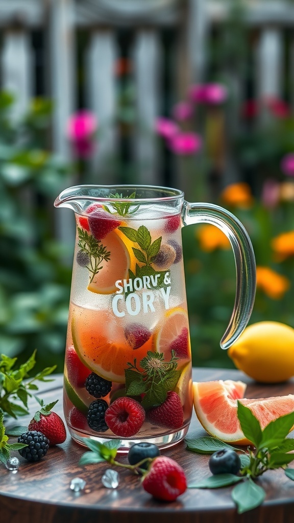 A pitcher of refreshing fruit-infused cocktail with berries and citrus, surrounded by colorful flowers.