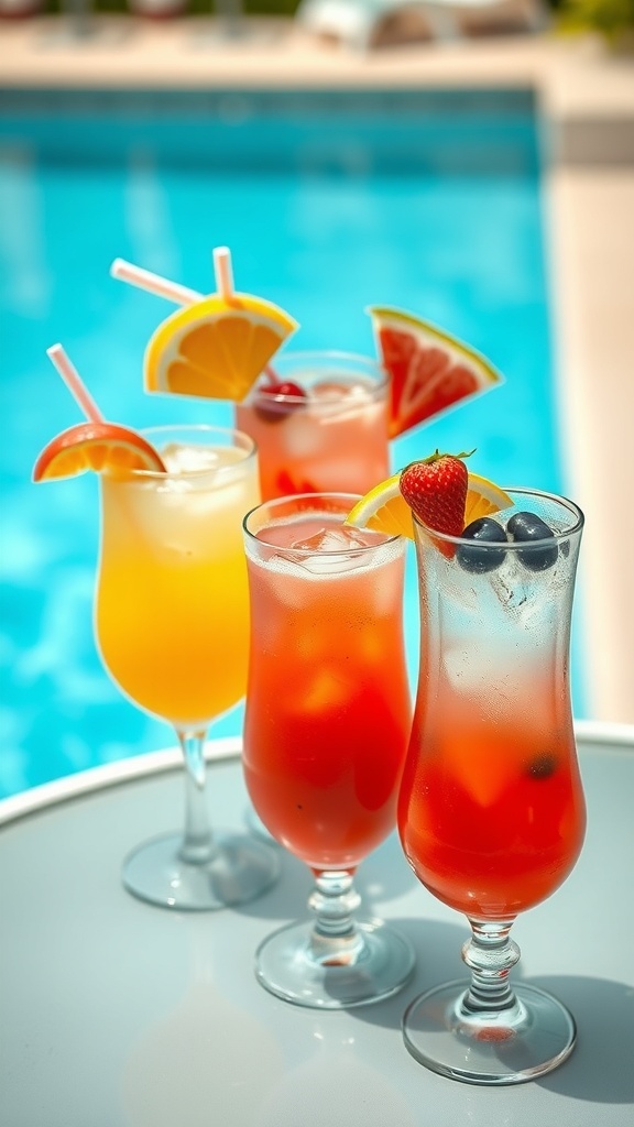 A variety of colorful cocktails with fruit garnishes beside a pool
