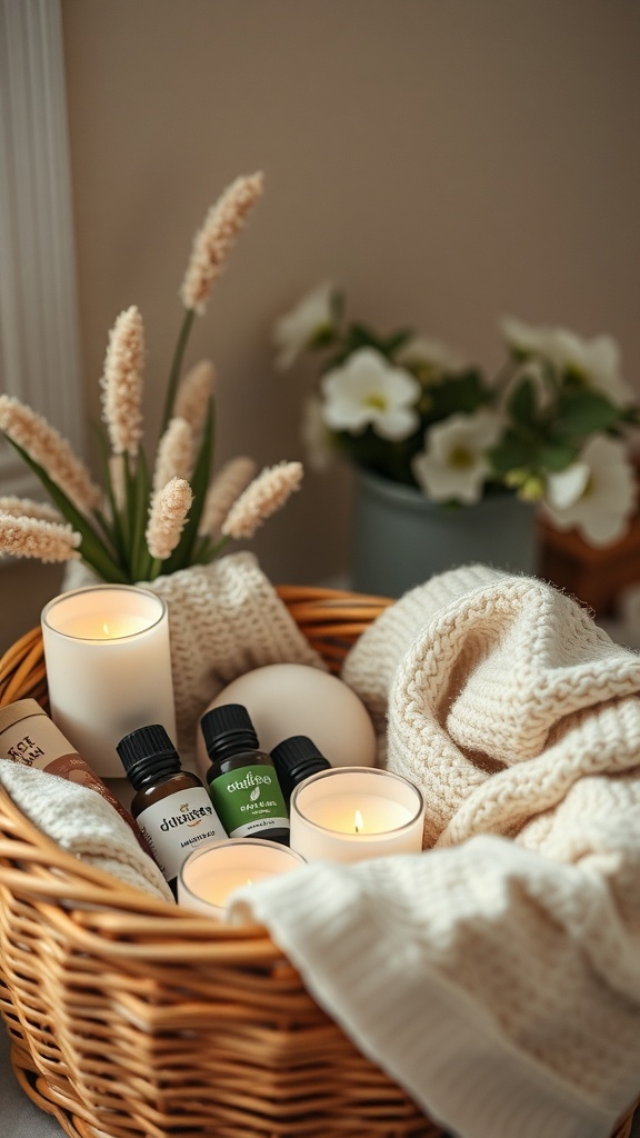 A cozy self-care basket filled with candles, essential oils, and a soft blanket.