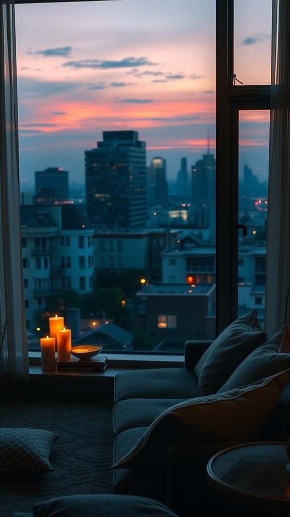 A cozy apartment with candles and a beautiful sunset view.