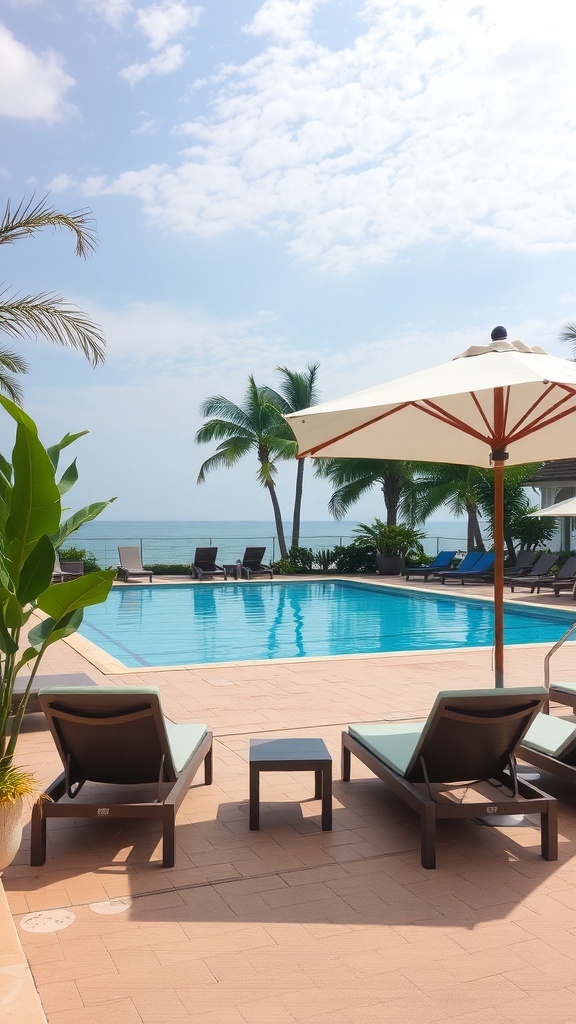 A serene poolside area with lounge chairs, an umbrella, and palm trees.