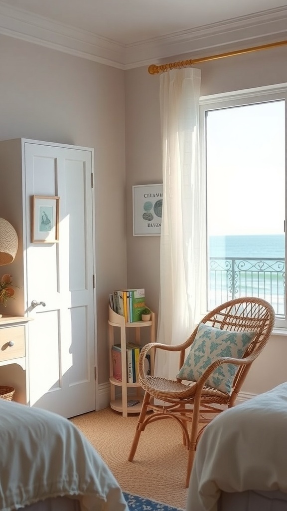 A cozy reading nook in a beach bedroom with a rattan chair and a view of the ocean.